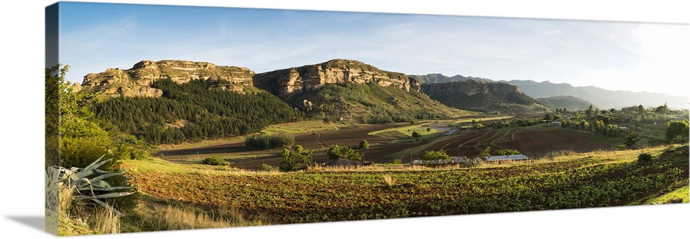 Subsistence farming with fields of newly planted maze around a small village, Lesotho Highlands, Hlotse River Valley, Leso...