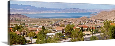 Suburbs and Lake Mead with surrounding mountains, Boulder City, Nevada