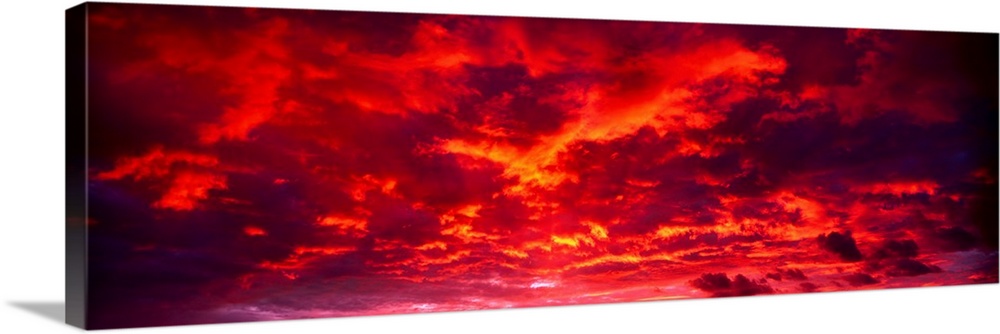Panoramic image of low level clouds in the sky reflecting the brilliant colors of the sunset to where it looks like the sk...