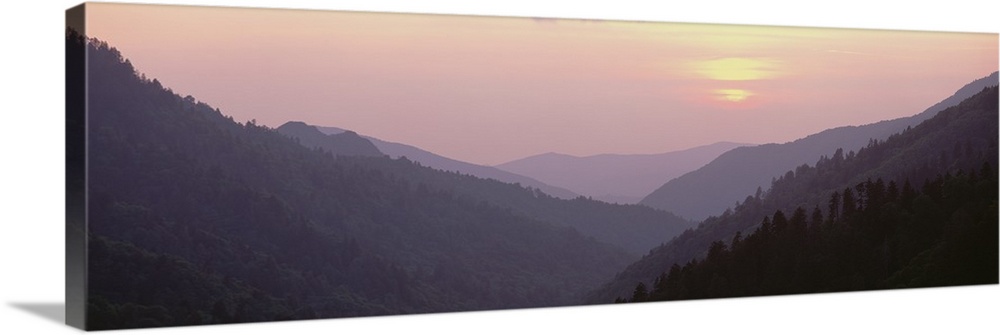 Panorama of a sunset over the Smoky Mountain National Park in North Carolina.