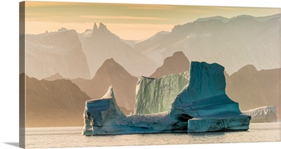 Sunset Over Icebergs, Icebergs Drifting In Scoresbysund, Greenland