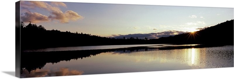 Sunset over mountains, Upper Brown Tract Pond, Adirondack Mountains ...