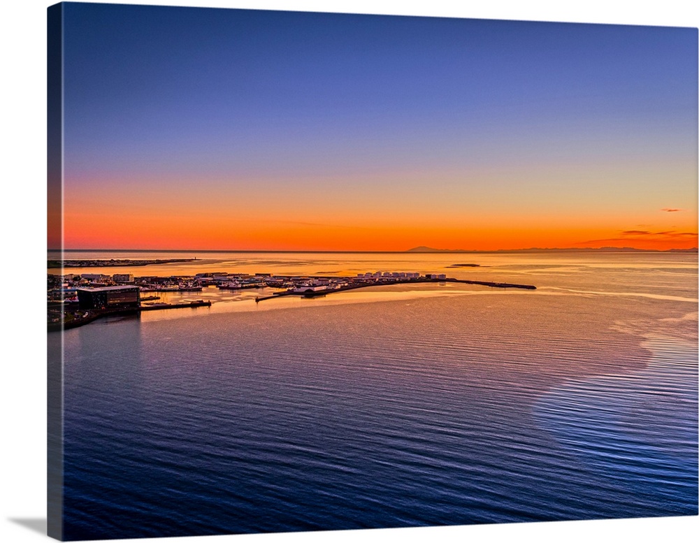 Sunset over the outer harbor of reykjavik, reykjavik, iceland.