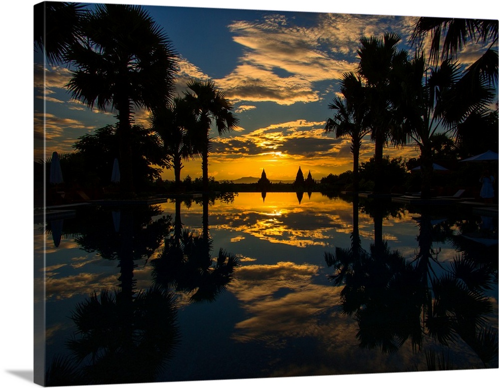 Sunset reflected in the infinity pool at Aureum Palace Hotel, Bagan, Mandalay Region, Myanmar