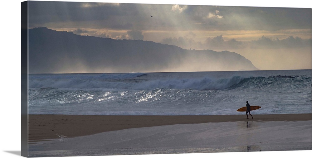 Surfer walking on the beach, Hawaii, USA