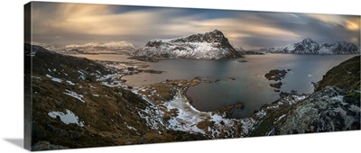 Surroundings of Offersoykamen at sunset, Lofoten, Nordland, Norway