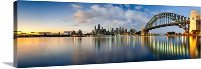 Sydney Harbour Bridge and skylines at dusk, Sydney, New South Wales, Australia