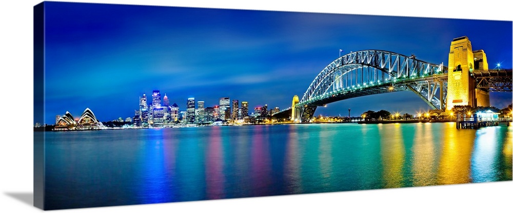 Sydney Harbour Bridge and skylines at night, Sydney, New South Wales, Australia.