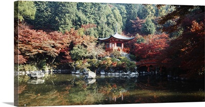 Temple behind a pond, Daigo-Ji Temple, Kyoto City, Kyoto Prefecture, Kinki Region, Japan