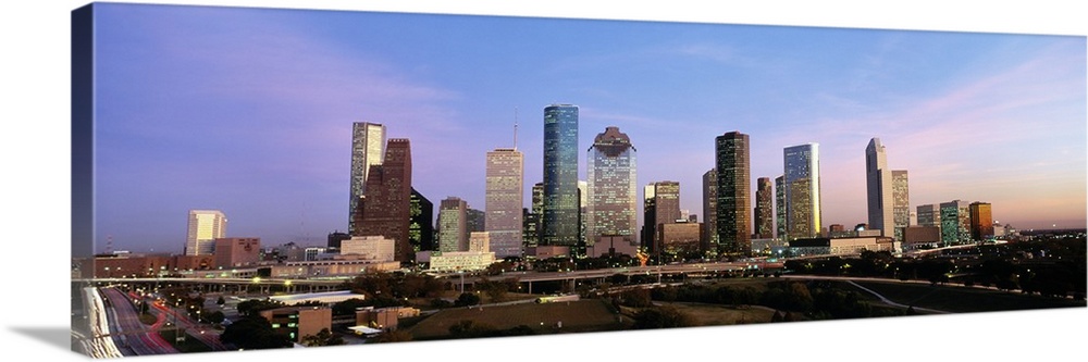 Houston skyline buildings at twilight.