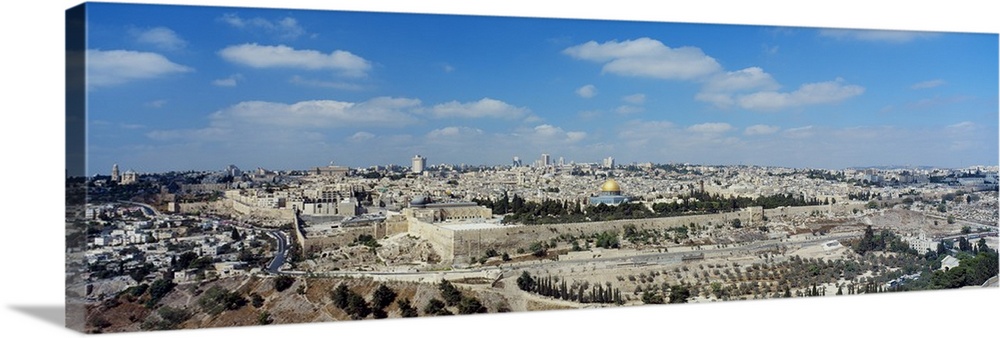 Panoramic photograph of the ""Holy City"" located on a plateau in the Judean Mountains between the Mediterranean and the D...
