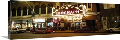 Theater lit up at night, Biograph Theater, Lincoln Avenue, Chicago, Illinois