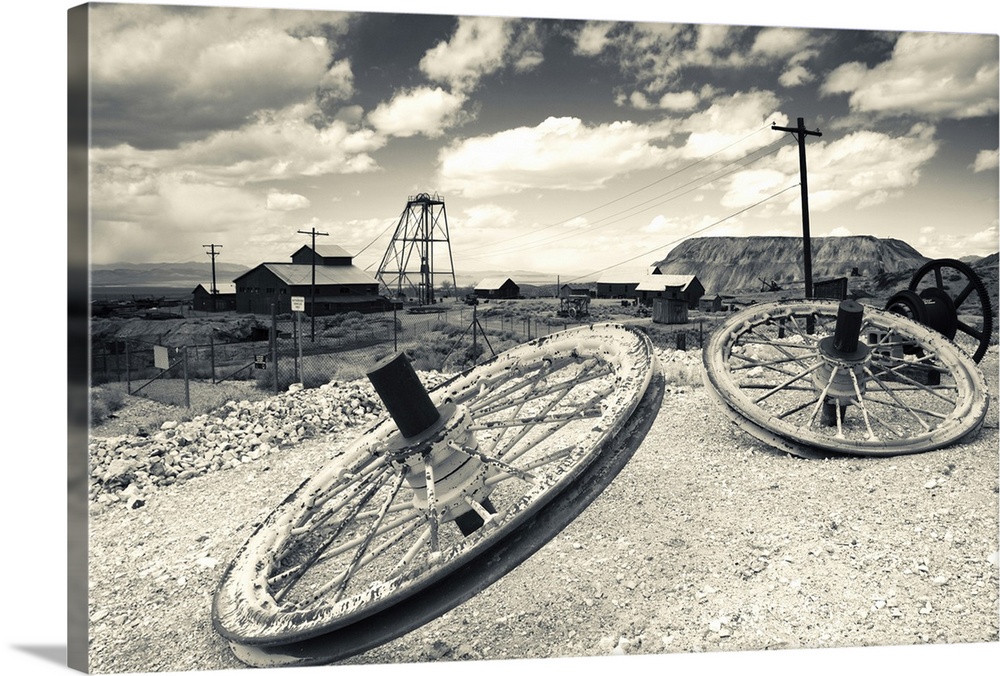 Tire with Desert Queen hoist house, Tonopah Historic Mining Park, Tonopah, Nevada