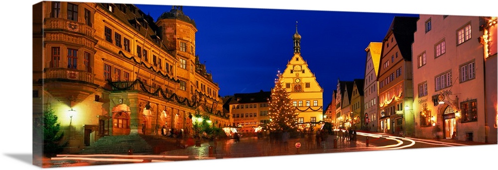 Town Center Decorated with Christmas Lights Rothenburg Germany