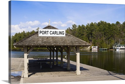 Town dock and cottages at Port Carling, Ontario, Canada
