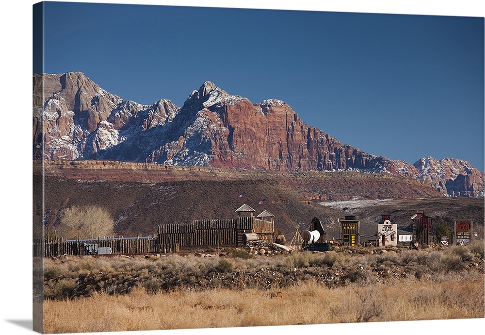 USA, Utah, Virgin, replica Western town and Bridge Mountain, winter
