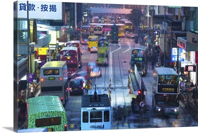 Traffic on a street at night, Des Voeux Road Central, Central District, Hong Kong