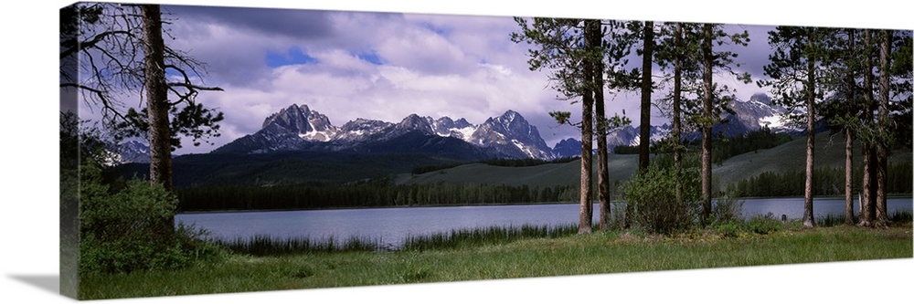 Trees at the lakeside with mountains in the background Little Redfish Lake Sawtooth National Recreation Area Custer County...