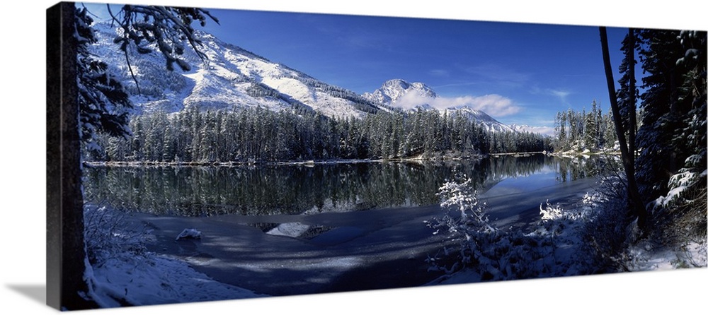 Horizontal canvas of ancient looking snowy mountains with snow covered trees at their bases meeting a lake.