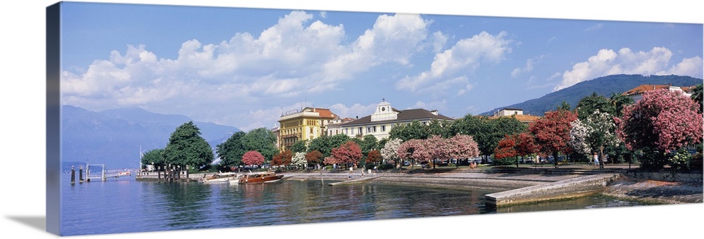Trees in blossom with houses at lakeside, Varenna, Lake Como, Lecco Province, Lombardy, Italy