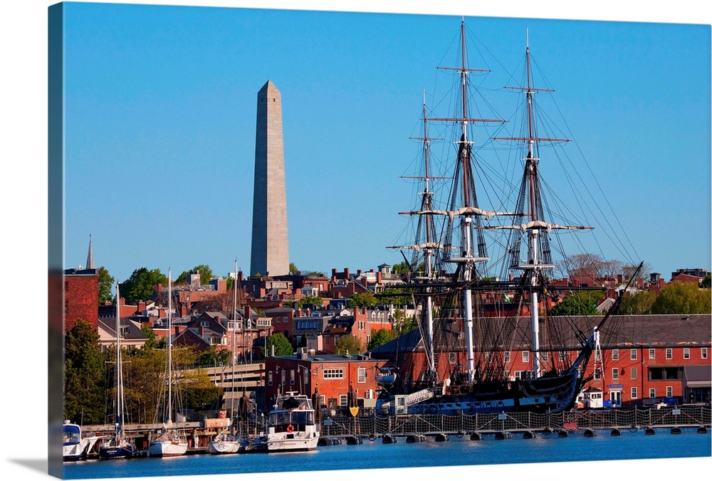 USS Constitution historic ship, Old Ironsides a Three Masted Frigit, is seen near Bunker Hill Monument on harbor,, Freedom...