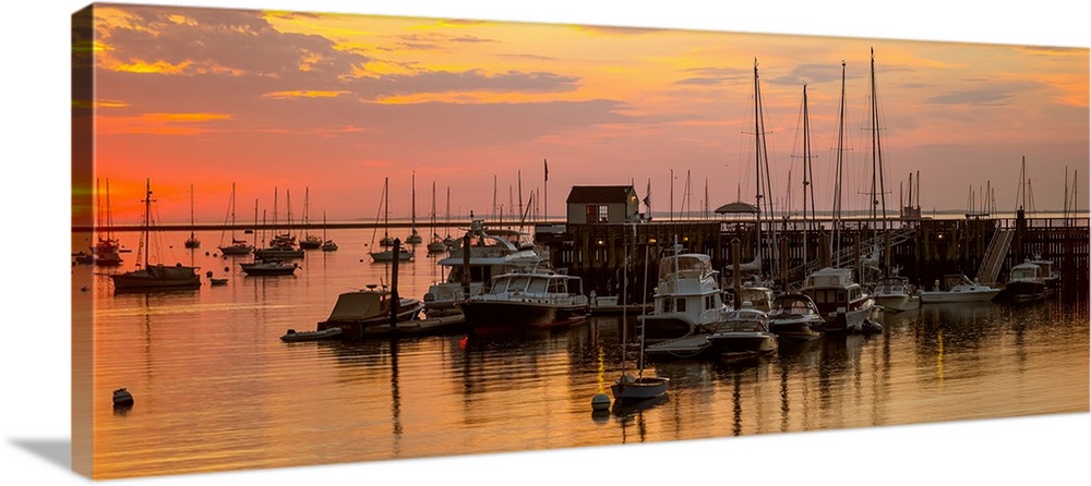 View of boats at a harbor during sunset, Rockland Harbor, Rockland, Knox County, Maine, USA