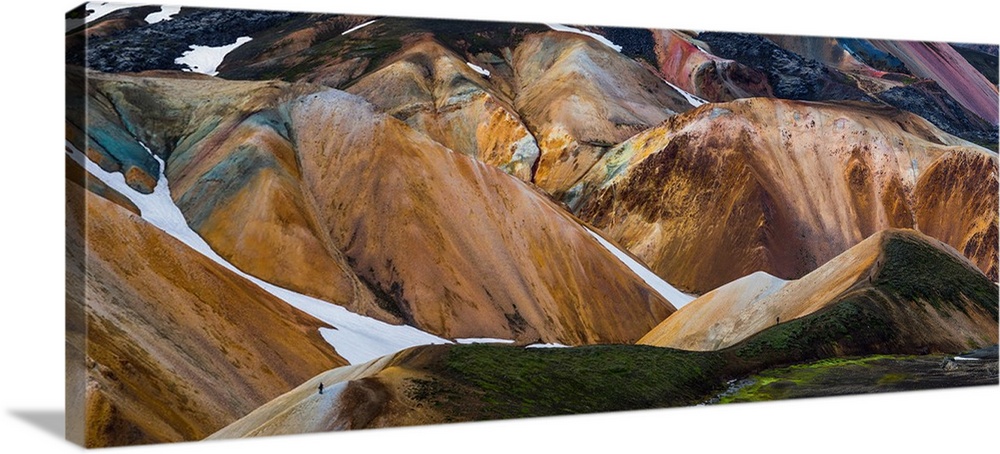 View of colorful rhyolite mountains with snow, Landmannalaugar, Iceland.