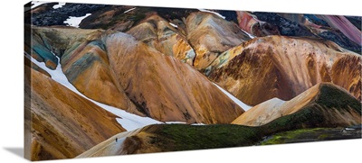 View of colorful rhyolite mountains with snow, Landmannalaugar, Iceland