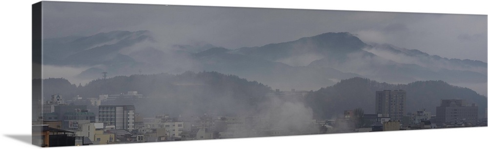 View of foggy morning in Takayama, Japan