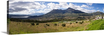 View of Lago del San Pablo and Imbabura volcano from entrance to Sacha Ji, Ecuador