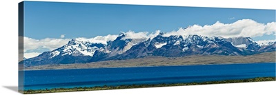 View of lake with snowcapped mountains, Torres del Paine National Park, Chile