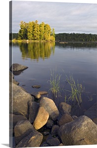 View of small island from rocky shore, Lake Agnes ...