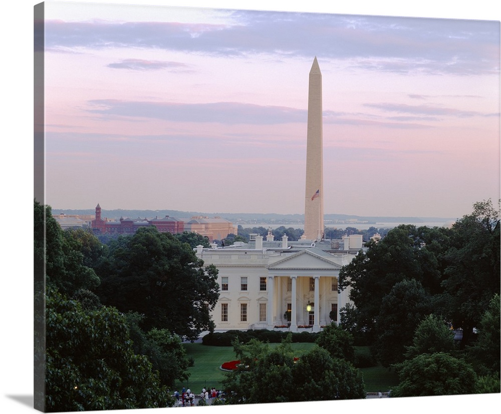 Giant landscape photograph on a large wall hanging looking over tree tops at the White House and the Washington Monument, ...
