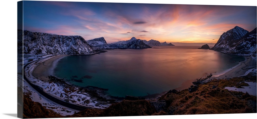 Vikbukta bay with vik and haukland beaches after sunset, vestvagoya, lofoten, nordland, norway.