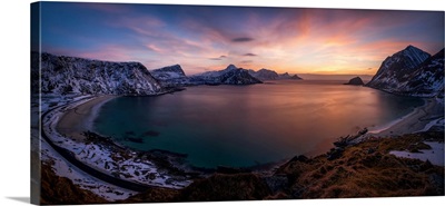 Vikbukta Bay With Vik And Haukland Beaches After Sunset, Nordland, Norway