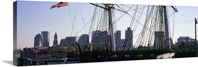Warship at a harbor in front of skyscrapers, USS Constitution, Freedom Trail, Boston, Massachusetts