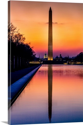 Washington Monument And Reflecting Pond At Sunrise, Washington D.C.
