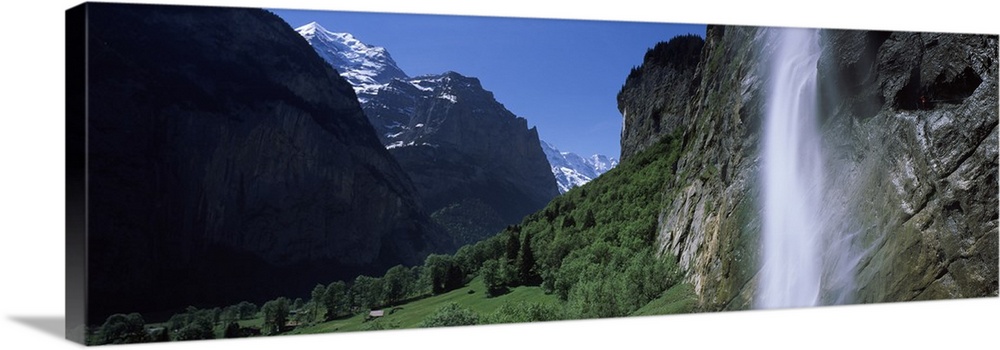 Waterfall in a forest Staubbach Falls Mt Jungfrau Lauterbrunnen Valley Bernese Oberland Berne Canton Switzerland