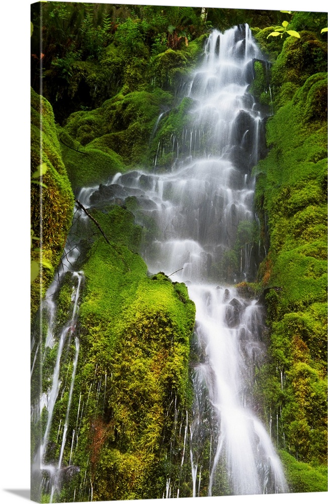 Vertical canvas photo print of a large waterfall with water rushing through mossy rocks along the cliffs.