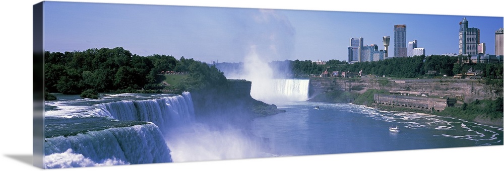 Panoramic photograph of the three waterfalls that straddle the international border between Canada and the United States w...