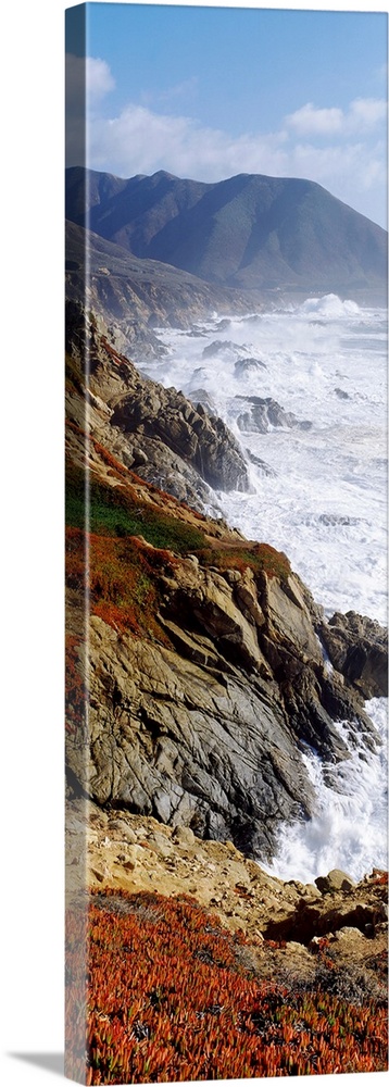 Giant vertical panoramic print of the ocean crashing up against cliffs in Big Sur, Carmel, Monterey County, California (CA...