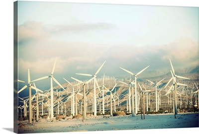 Wind turbines with mountains in the background, Palm Springs, California