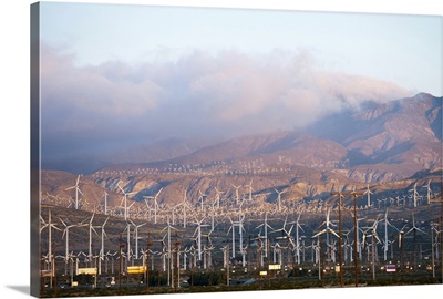 Wind turbines with mountains in the background, Riverside County, California