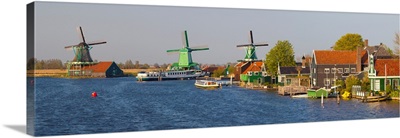 Windmills along the Zaan River at Zaanse Schans, Zaandam, North Holland, Netherlands