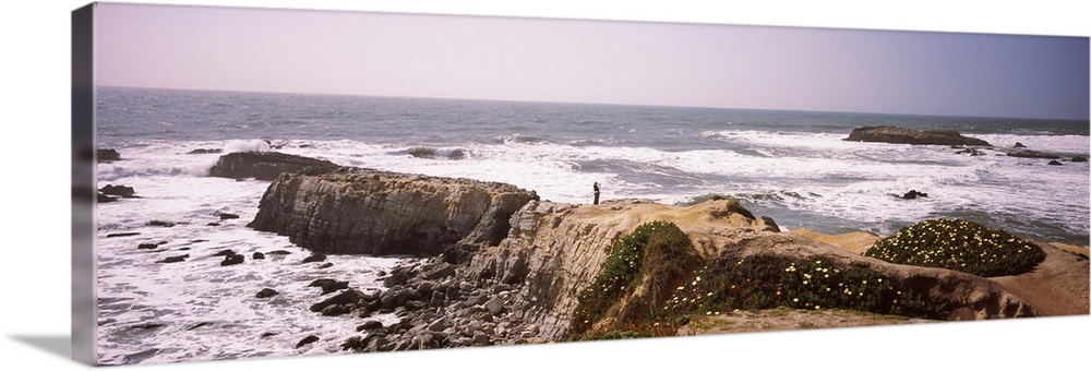 Woman taking a photograph of the coastline, San Mateo County, California,