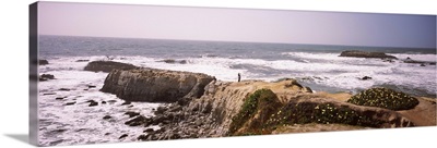 Woman taking a photograph of the coastline, San Mateo County, California,