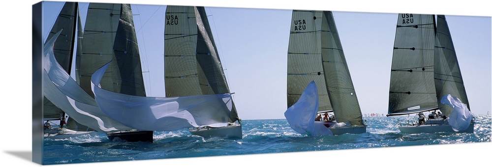 Giant, wide angle photograph of five yachts racing on a sunny day, in the waters of Key West, Florida.