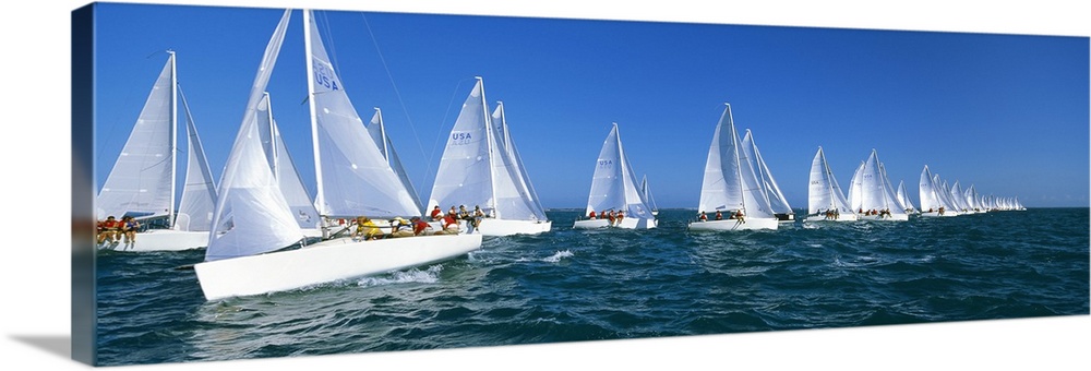 Big, landscape photograph of many white yachts in a line, beneath a blue sky, during a race in the waters of Key West, Flo...