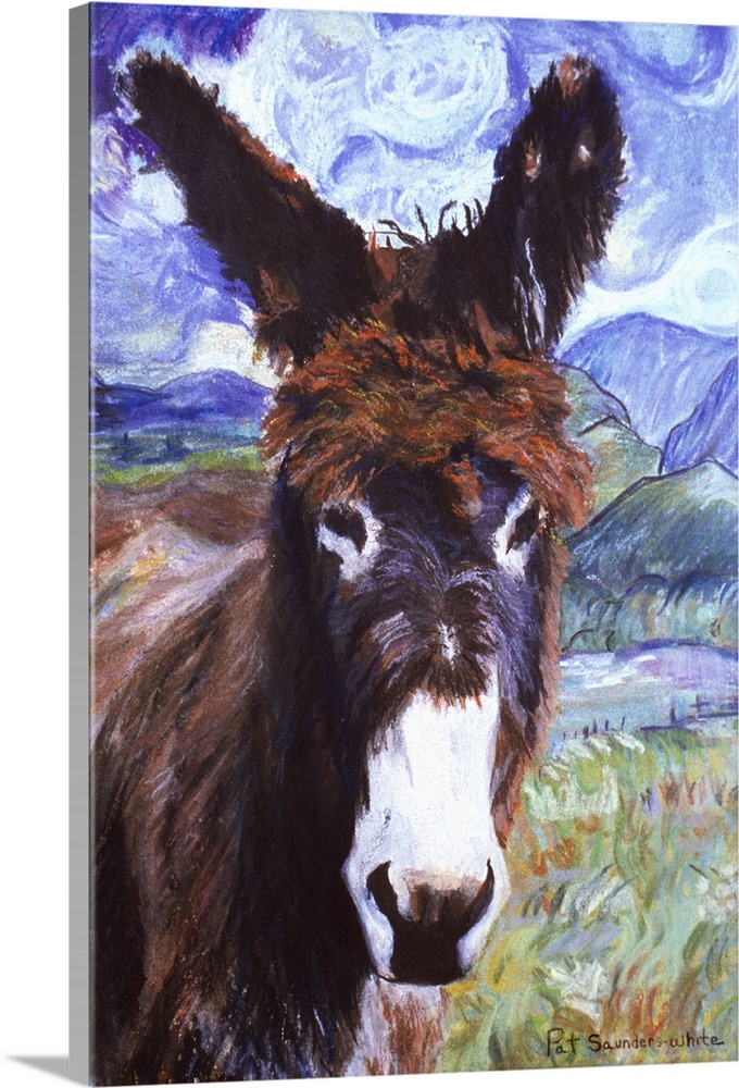 Contemporary artwork of a donkey with fuzzy fur in a field.