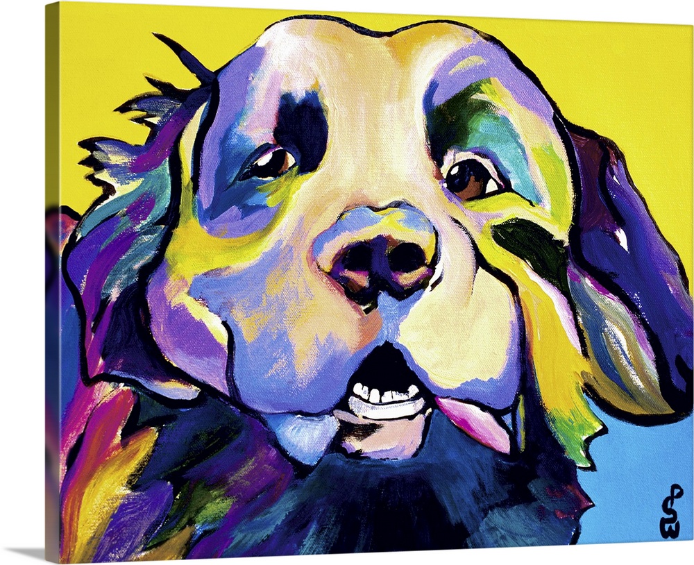 Contemporary painting in bright colors of a smiling dog.
